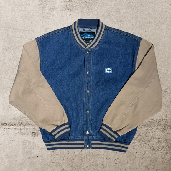 Tri Mountain Other - Vintage Denim Letterman Varsity Jacket Men's Large Tan Sleeves Sealy‎ Patch